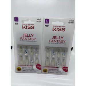 2-Pack NEW Kiss Nails Jelly Fantasy Manicure Long Coffin Clear Blue Silve + Glue